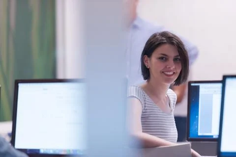 Technology students group in computer lab school  classroom 写真素材