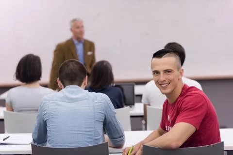 Technology students group in computer lab school  classroom Foto stock