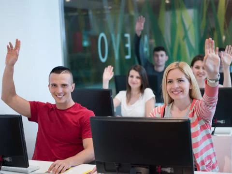 Technology students group in computer lab school  classroom Foto stock