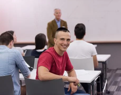 Technology students group in computer lab school  classroom Stock Photos