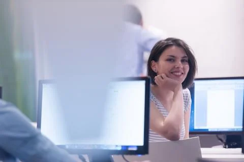 Technology students group in computer lab school  classroom 写真素材