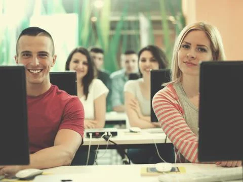 Technology students group in computer lab school  classroom 写真素材
