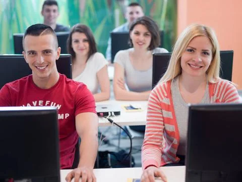Technology students group in computer lab school classroom technology stud... Stock Photos