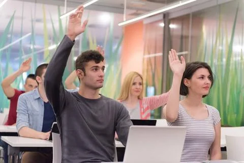 Technology students group in computer lab school classroom technology stud... Foto stock