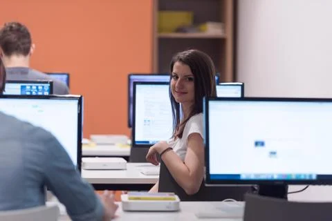 Technology students group working in computer lab school  classroom 写真素材