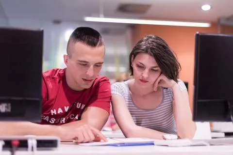 Technology students group working  in computer lab school  classroom Foto stock