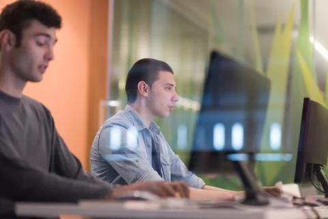 Technology students group working  in computer lab school  classroom 写真素材