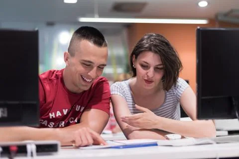 Technology students group working  in computer lab school  classroom Foto stock