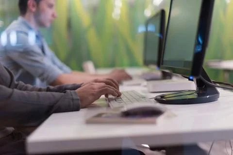 Technology students group working in computer lab school classroom technol... Foto stock