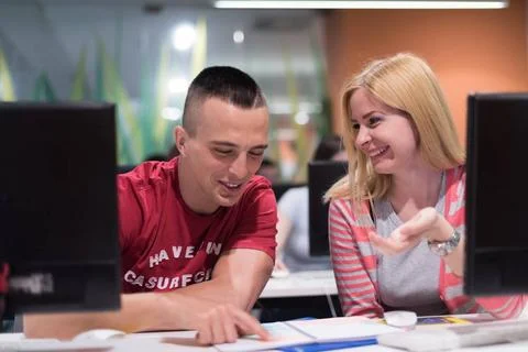 Technology students group working in computer lab school classroom technol... Stock-Fotos