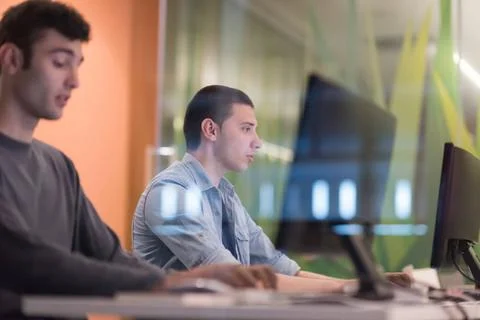 Technology students group working in computer lab school classroom technol... Foto stock