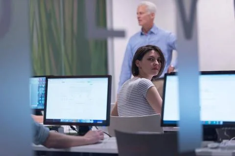 Technology students group working in computer lab school classroom technol... Stock Photos