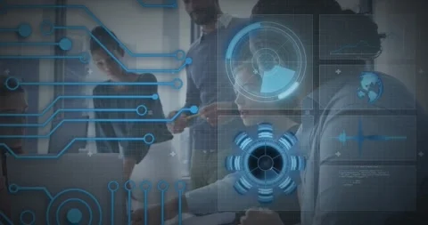 Technology team analyzing data on laptop while 3D charts and code animating upon Stock Footage 318064060