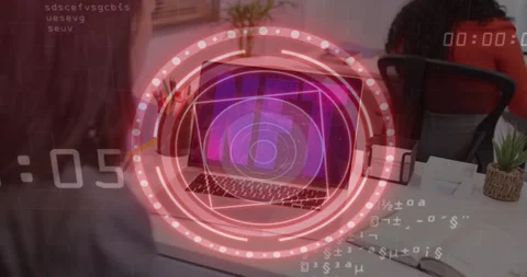 Technology team coding on laptop, activating AR interface cycling shapes into Stock Footage 317265010
