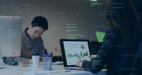 Technology team collaborating at desk, typing chart, handing green folder, Stock Footage 307440084
