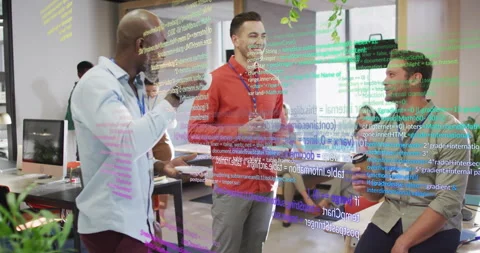 Technology team developer raising coffee mug, greeting coworkers while code Stock Footage 315541414