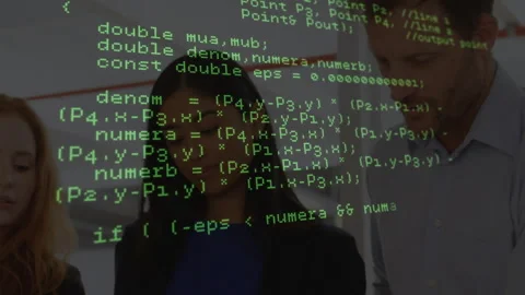 Technology team examining overlaid code initiating API call on phone and Stock Footage 314848385