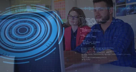 Technology team typing code in lab, scrolling and clicking initiating HUD Video stock 313703525