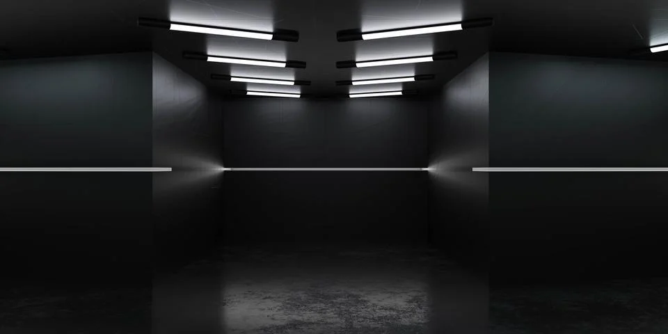 Technology theme dark office building wall with led lighting from ceiling 3d Ilustración de archivo