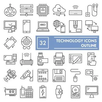 Technology thin line icon set, device symbols collection, vector sketches, logo Stock Illustration