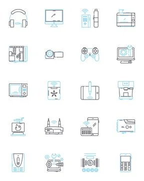 Technology tools linear icons set. Gadgets, Robotics, Nanotechnology Illustrazione stock