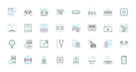 Technology tools linear icons set. Gadgets, Robotics, Nanotechnology Illustrazione stock