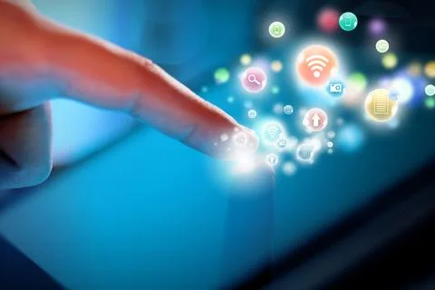 Technology Touchscreen Interface with Glowing Digital Icons Stock Photos