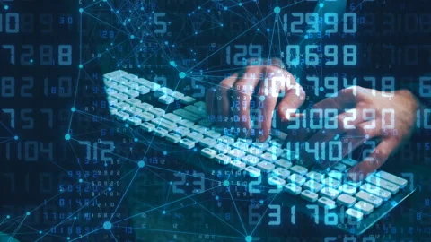 Technology transformation concept it engineer typing on computer surrounded data Video stock 201212927