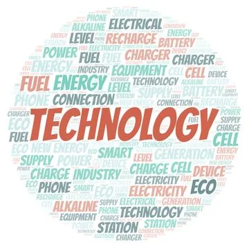 Technology typography word cloud create with the text only. Illustrazione stock