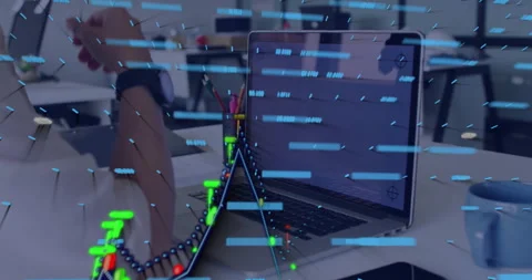 Technology user reaching toward laptop activating framework forming on keyboard Stock Footage 310298909