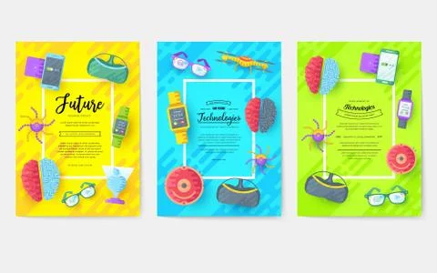 Technology vector brochure cards flat set. Automation template of flyear Stock Illustration