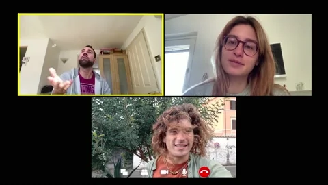 Technology, video call-three friends on video call via computer and smartphone Stock-Footage 141914228