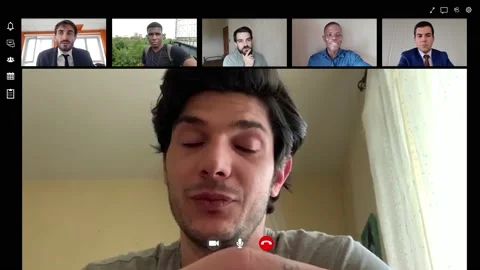 Technology, video call - young man talk to his friends about restrictions  Video stock 141911711