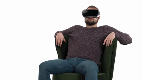 Technology, virtual reality, entertainment and people concept - smiling man with Video stock 121202374