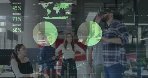 Technology VR presenter gesturing toward dashboard updating data elements, team Stock Footage 313149153