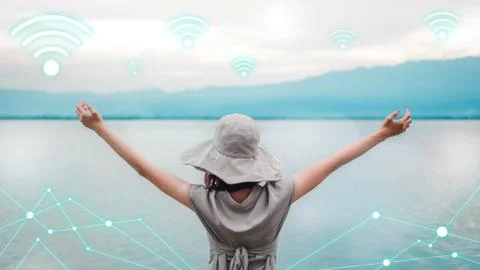 Technology wifi concept. Network connection or phone signal symbol with young Stock Photos