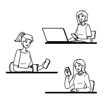 Technology woman using phone table vector Illustrazione stock