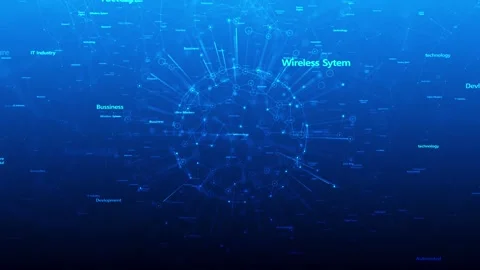 Technology word cloud network visual blue connected lines, glowing node sphere, Stock Footage 340525860