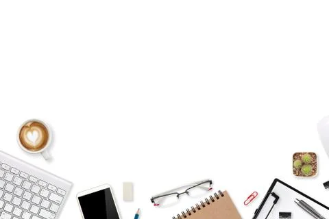 Technology working table with laptop computer, office supplies, coffee cup Stock Photos