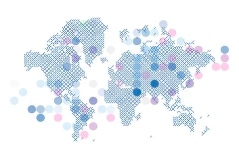 Technology world map and a pattern of colored circles. Flat vector illustrati Illustrazione stock