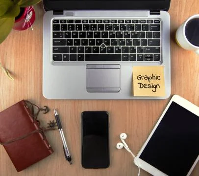 A Technology/Business Concept - high angle view of an office wit Stock Photos