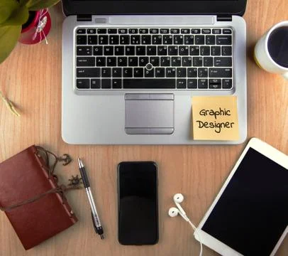 A Technology/Business Concept - high angle view of an office wit Stock Photos