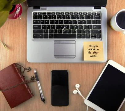 A Technology/Business Concept - high angle view of an office wit Stock Photos