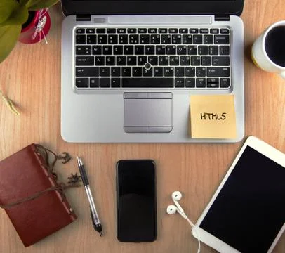 A Technology/Business Concept - high angle view of an office wit Stock Photos