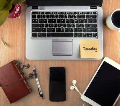 A Technology/Business Concept - high angle view of an office wit Stock Photos