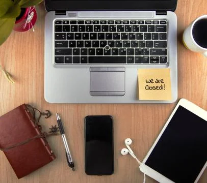 A Technology/Business Concept - high angle view of an office wit Stock Photos