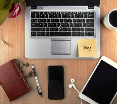 A Technology/Business Concept - high angle view of an office wit Stock Photos