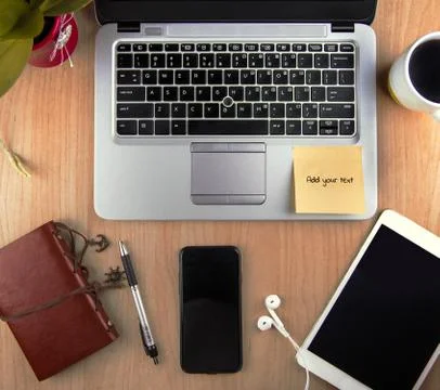 A Technology/Business Concept - high angle view of an office wit Stock Photos