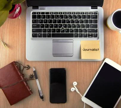 A Technology/Journalism Concept - high angle view of an office w Stock Photos