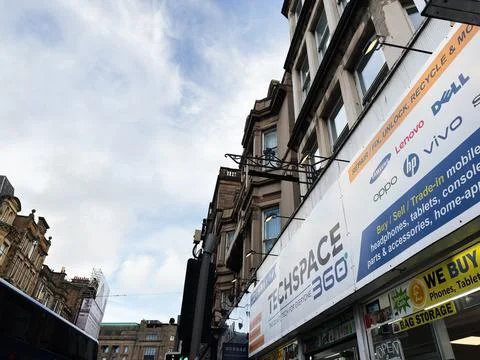 Techspace 360 storefront and electronics shop signage on a historic Edinbur.. Stock Photos